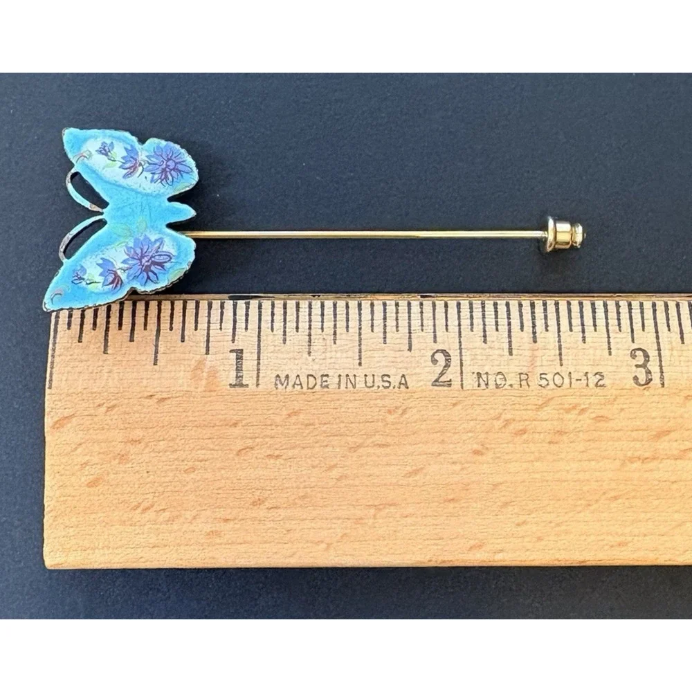 Vintage Enameled‎ Blue Butterfly Floral Flowers Stick Pin Brooch Gold Tone
